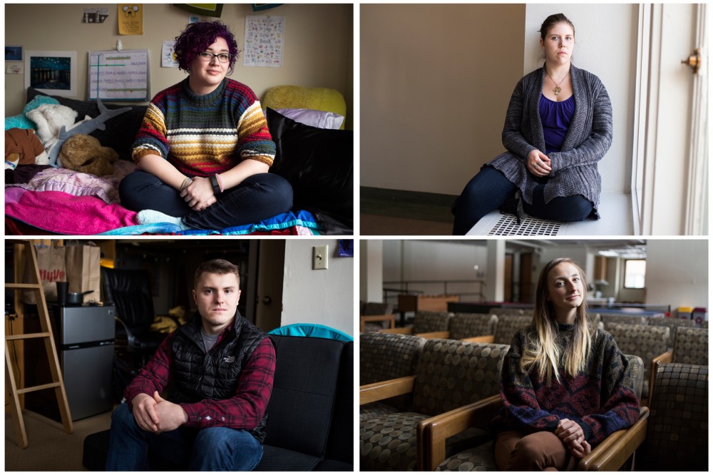 Clockwise from top left, University students Sammy Miller, Ravyn Braun, Jordan Pinneke and Teddy Skillings sit posed in respective locations on campus. Each having their own unique and varied experiences, these individuals are no strangers to the very real obstacles and challenges associated with mental illness.
