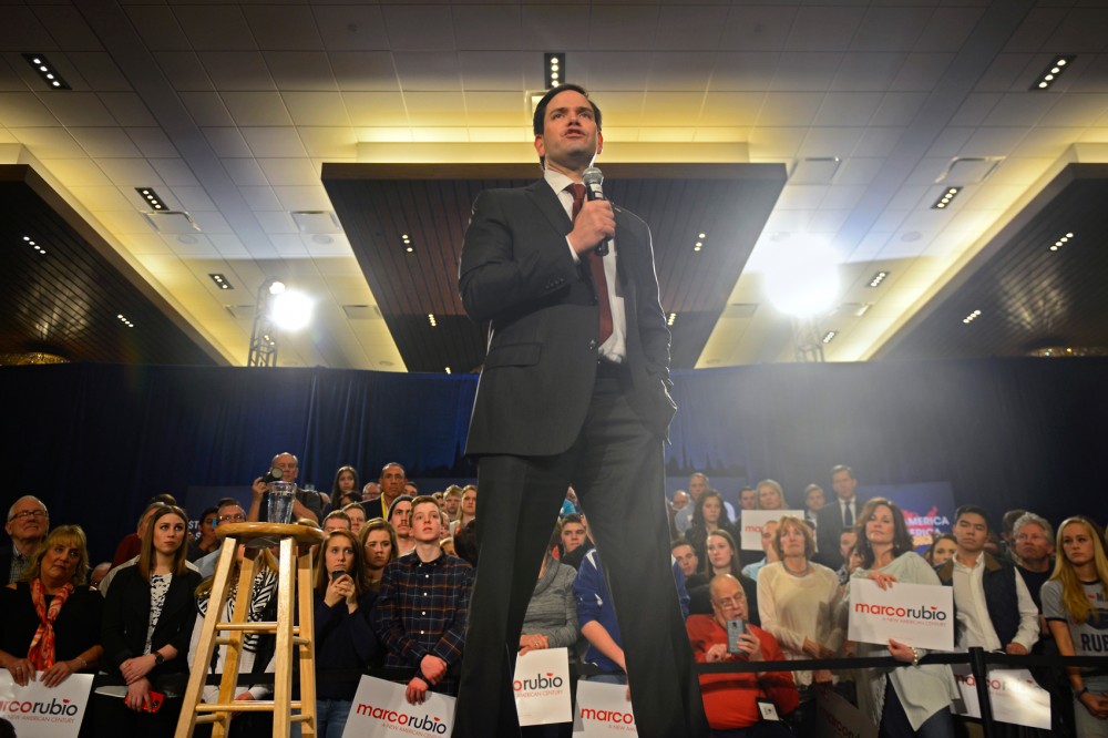 Presidential hopeful Sen. Marco Rubio speaks to supporters at a rally at the Hyatt Regency in downtown Minneapolis on Tuesday in anticipation of the March 1 presidential caucus. 