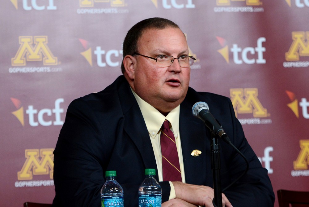 Tracy Claeys speaks at a press conference after being named head coach at TCF Bank Stadium on Nov. 11.