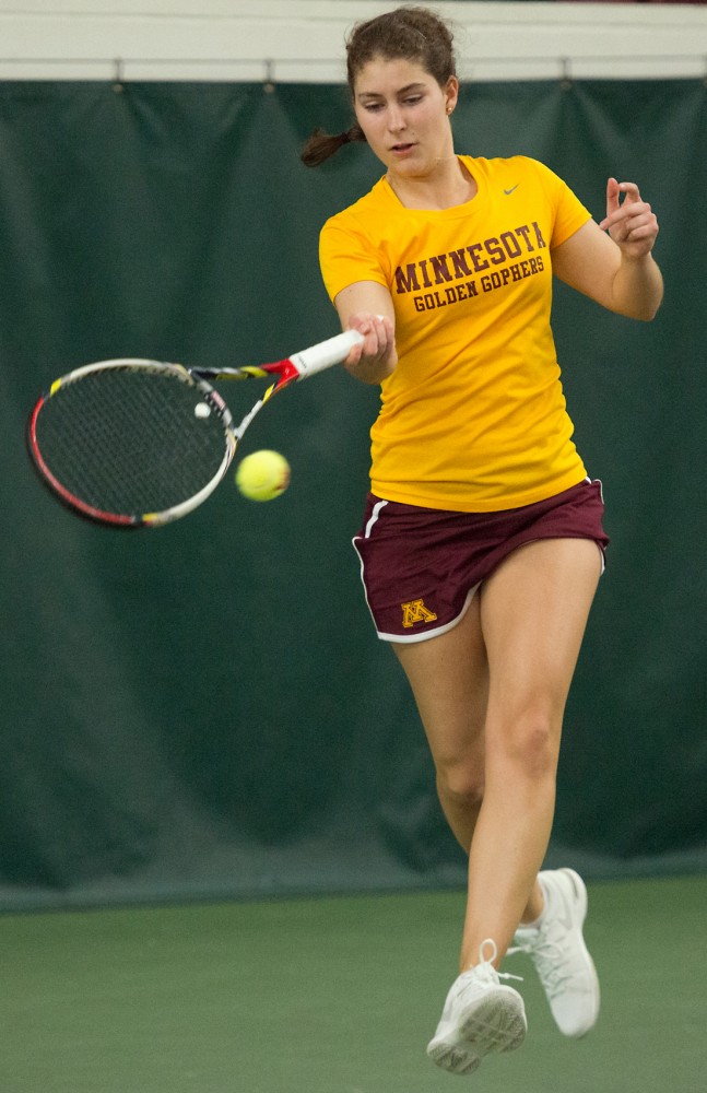 Senior Paula Rincon-Otero competes against Iowa State at the Baseline Tennis Center on Sunday. 
