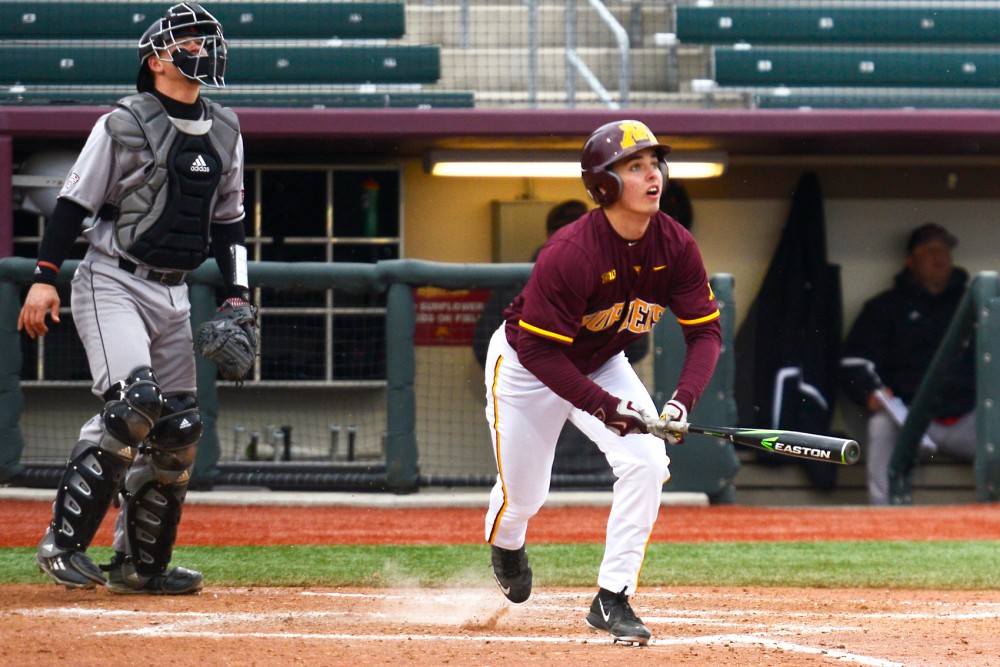 Terrin Vavra watches the ball after hitting a home run in the third inning at Siebert Field on Wednesday. The Gophers defeated Northern Illinois University, 12-10.