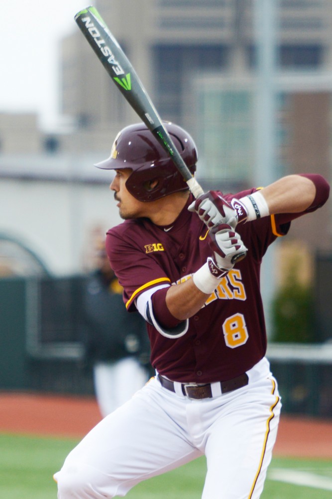 Sophomore Micah Coffey prepares to bat during the Gophers game against South Dakota State at Siebert Field on April 13.