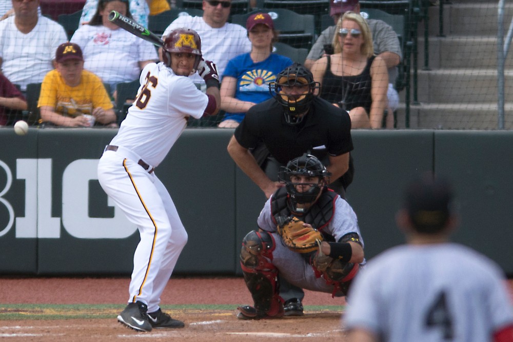 Redshirt Junior Jordan Smith prepares to hit a pitch pitch during the weekend series against Maryland at Siebert Field Sunday. Although losing the series to Maryland, Smiths single in bottom of the 8 brought in two runs and gave the gophers a lead in their 6-4 victory.