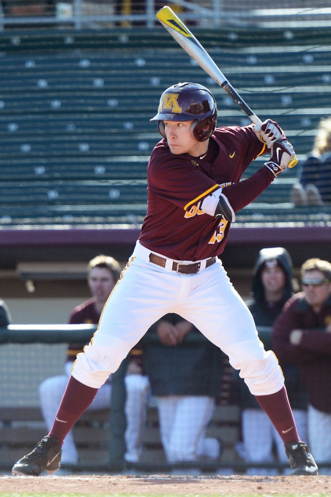 Sophomore Luke Pettersen prepares to bat at Siebert Field on April 1, where the Gophers faced the University of Iowa.