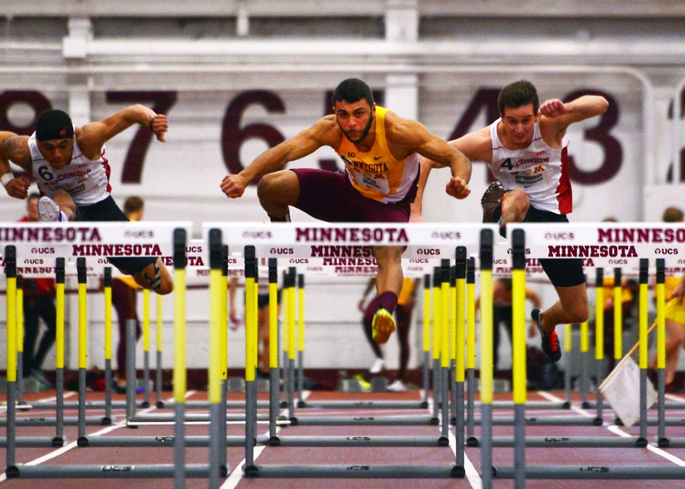 Luca Wieland competes in the mens hurdles at the Fieldhouse for the second annual Minnesota-Wisconsin Dual on Jan. 23.