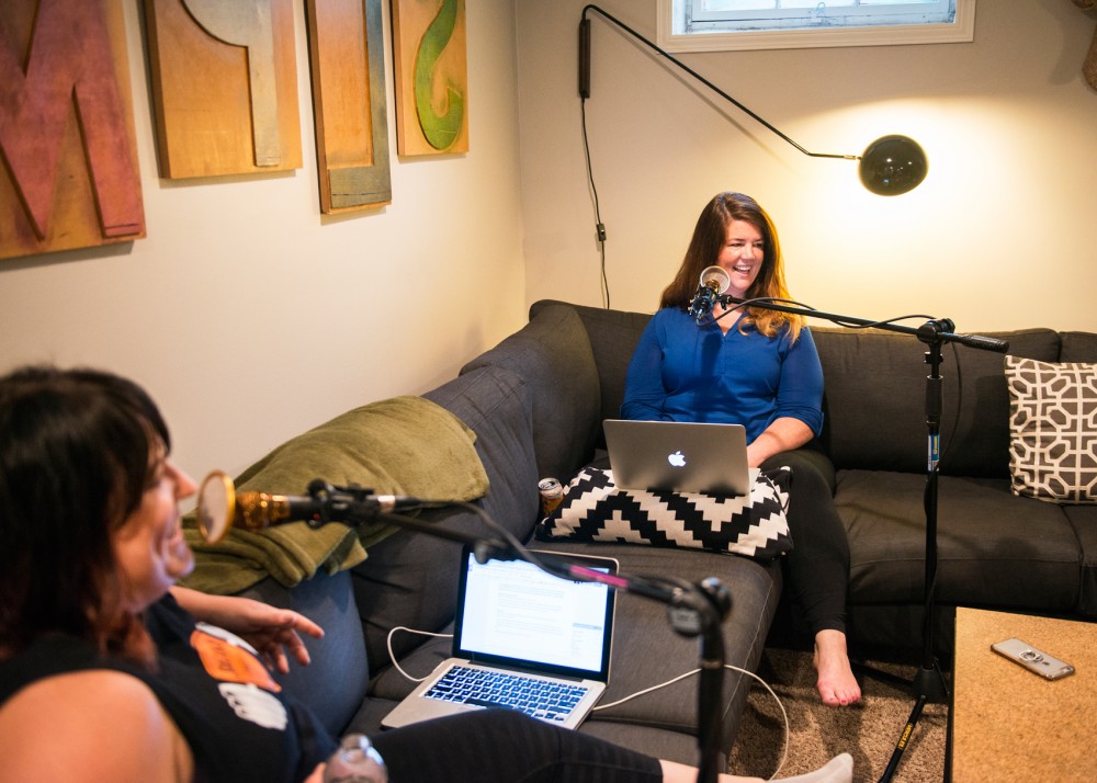 Kate OReilly, right, and Jenn Schaal record an episode of the podcast XOXOJK on Sunday, June 5. The two women meet weekly to discuss real stuff, funny stuff, good stuff and all the stuff in between.