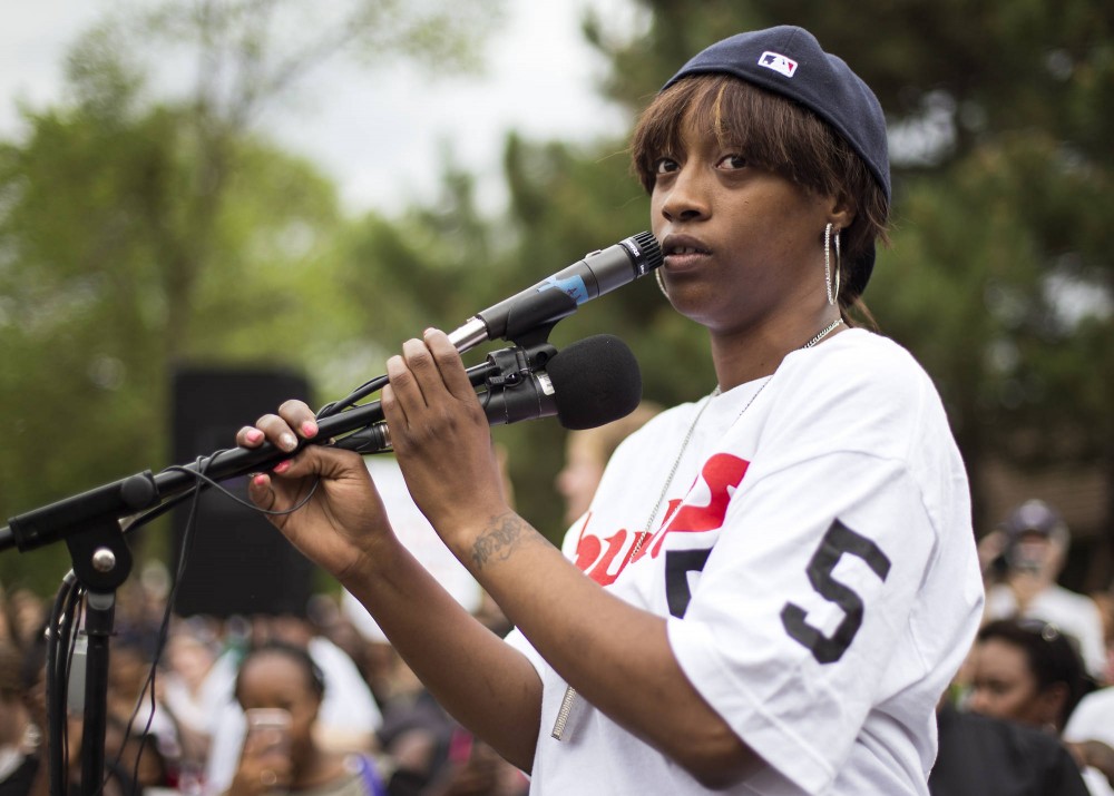 Diamond Reynolds speaks to a vast crowd outside of J. J. Hill Montessori School in St. Paul on Thursday, July 7. Less than 24 hours prior on Wednesday night, Reynolds broadcasted live video via Facebook the shooting of her boyfriend Philando Castile in Falcon Heights, when they were stopped by police in their car. Castile was an employee of the school, where he worked as a cafeteria supervisor.