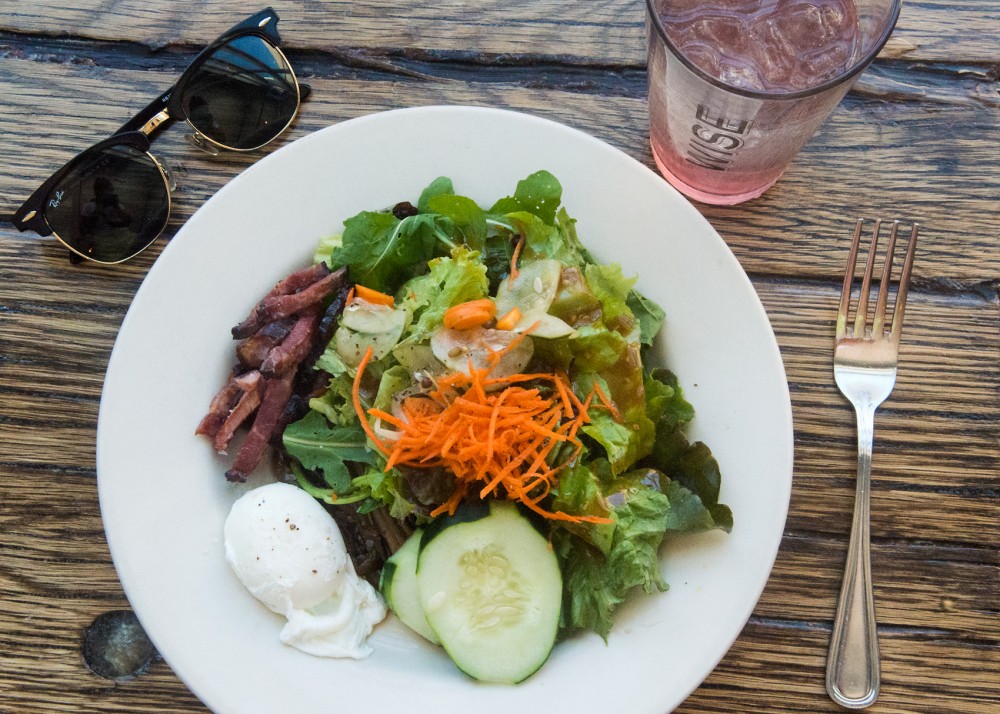 Wise Acre Eaterys Shades of Asia salad with blueberry aronia, paired with rhubarb basil soda.
