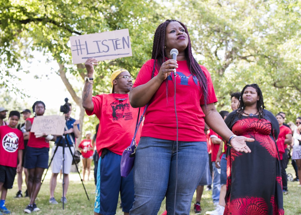 Nekima Levy-Pounds, president of the Minneapolis NAACP, speaks at a rally in support of Philando Castile at Loring Park on Saturday. 