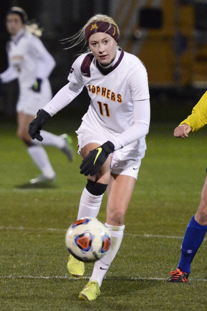 Gophers midfielder Josee Stiever kicks the ball downfield at Elizabeth Lyle Robbie Stadium where Minnesota hosted the first round of the NCAA tournament against South Dakota State on Friday night.