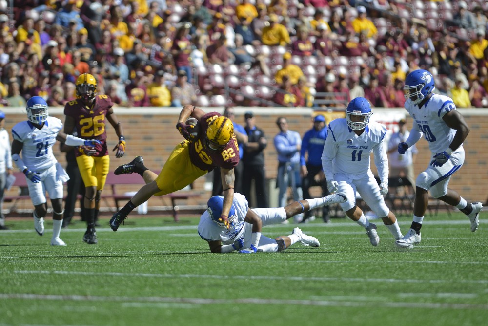 Senior wide receiver Drew Wolitarsky runs the ball at TCF Bank Stadium while playing against Indiana State on Saturday, Sept. 10, 2016.
