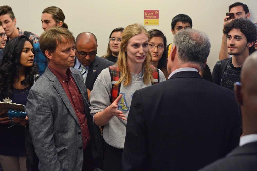 Journalism sophomore Anne Hilker talks to Democratic Vice Presidential candidate Time Kaine on Tuesday, Sept. 13, 2016 at Coffman Memorial Union. Kaine was on campus for a surprise visit to engage with students one-on-one about issues important to them. 