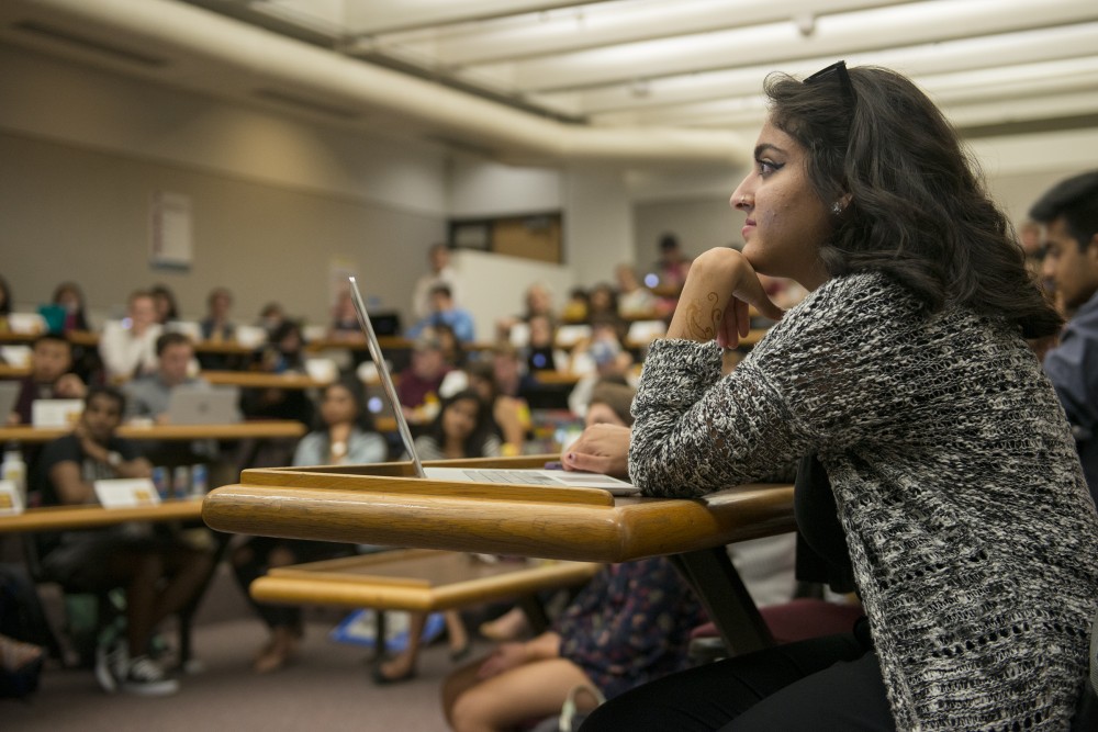 Minnesota Student Association President Abeer Syedah listens during the Associations forum in Mondale Hall on Tuesday, Sept. 13, 2016. Syedah, who previously served as Vice President, was elected as President earlier this year. 