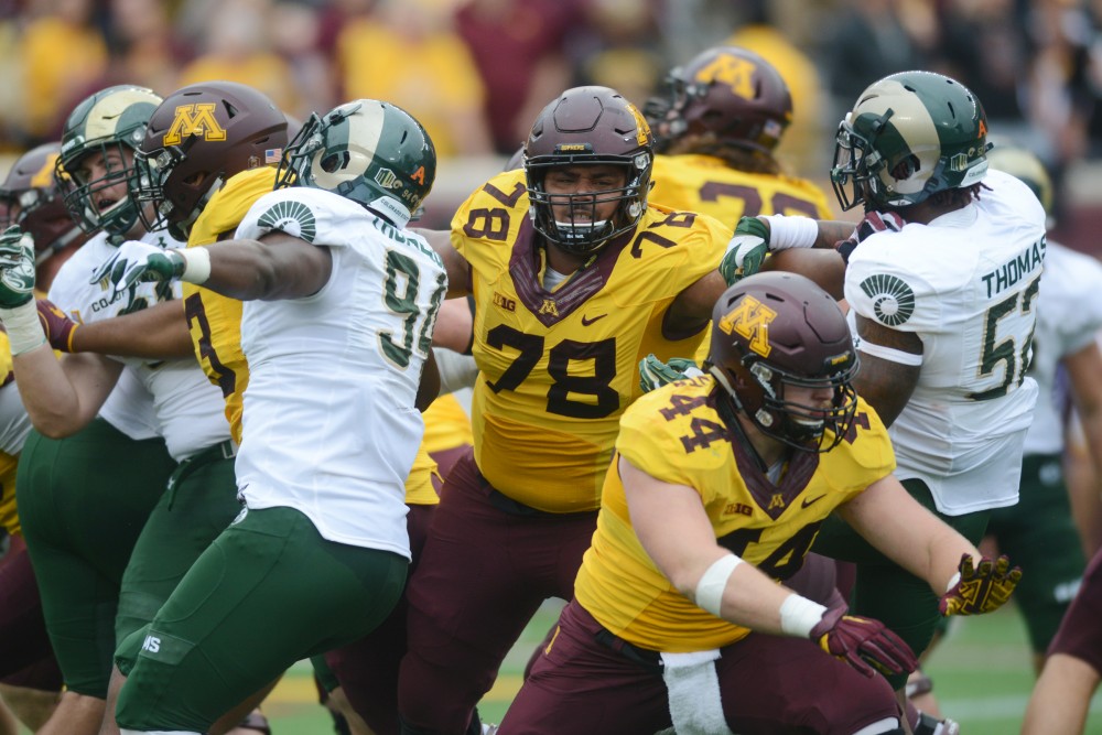 Offensive Line Garrison Wright fought against Colorado State on Saturday, Sept. 24, 2016 at TCF Bank Stadium.