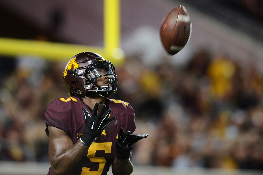 Defensive back Jalen Myrick catches the ball during the Gophers game against the Oregon State Beavers on Thursday, Sept. 1, 2016 at TCF Bank Stadium. 