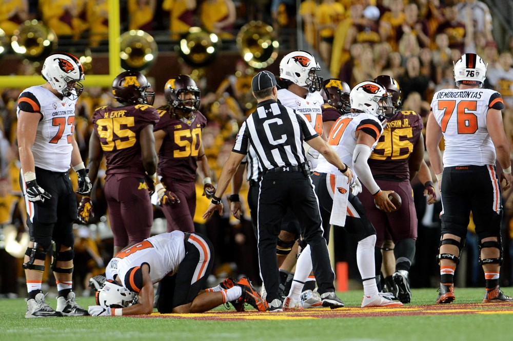 Oregon State Beavers lays on the ground after a call during their game against the Gophers on Thursday, Sept. 1, 2016 at TCF Bank Stadium. The Gophers won 30-23.