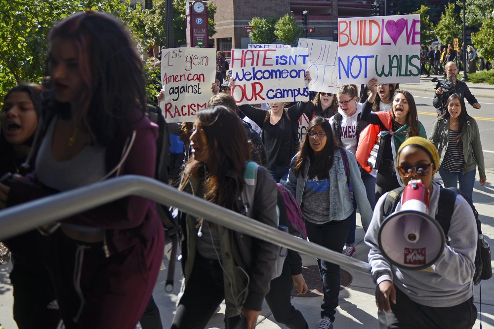 Students walk from Coffman to the Wellness Center rallying against hate speech on Thursday, Oct. 6, 2016 in Minneapolis.