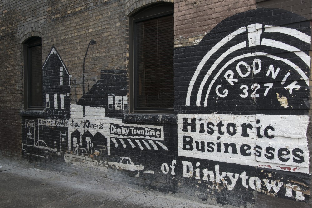 A mural painted in Dinkytown shows a few of the historic businesses that once thrived, on Friday, Oct. 14, 2016 in Minneapolis. 