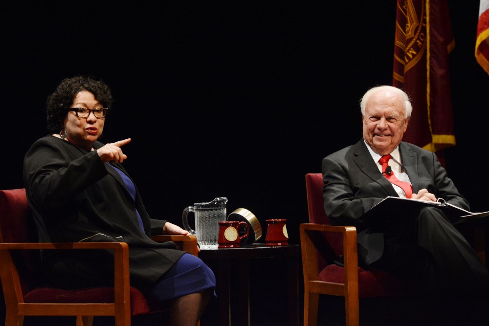 United States Supreme Court Justice Sonia Sotomayor speaks with University professor Robert A. Stein at Northrop Auditorium on Monday, Oct. 17, 2016. The lecture was part of an annual series professor Stein and his wife established to bring lawyers and judges to the University. 
