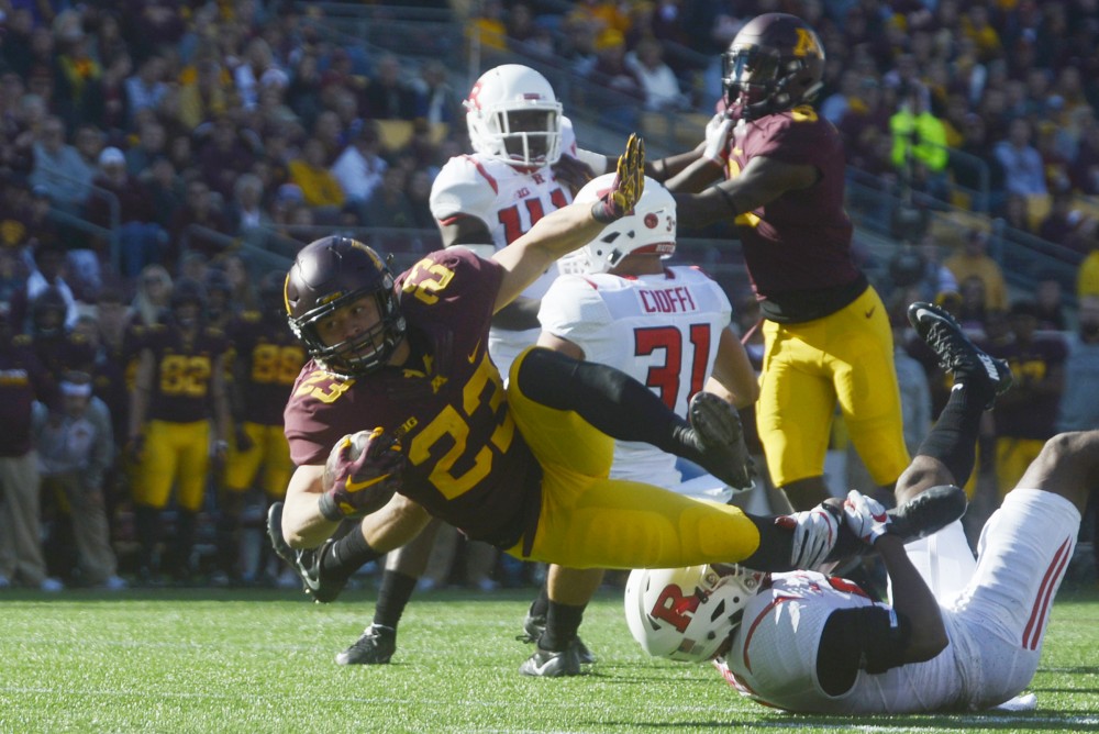 Rutgers takes down Gophers running back Shannon Brooks on Saturday, Oct. 22, 2016 at TCF Bank Stadium.