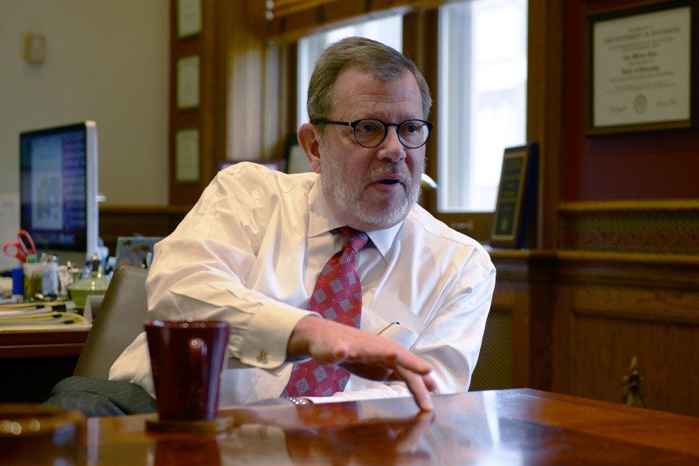 University President Eric Kaler answers questions for the Minnesota Daily on Friday, Oct. 21, 2016 in his office at Morrill Hall.  