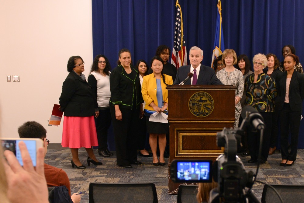 Gov. Mark Dayton discloses a new initiative for young women of Minnesota on Tuesday, Oct. 22, 2016 at the Veterans Service Building in St. Paul. Governor Dayton announced an outreach initiative that incorporates the Womens Foundation of MN and the Universitys Urban Research and Outreach-Engagement Center to bring opportunity to young women.
