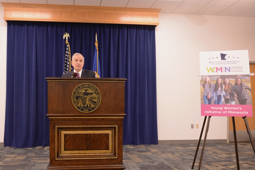 Gov. Mark Dayton fields questions from the press on Tuesday, Oct. 22, 2016 at the Veterans Service Building in St. Paul. Governor Mark Dayton announced an outreach initiative that incorporates the Womens Foundation of MN and the Universitys Urban Research and Outreach-Engagement Center.
