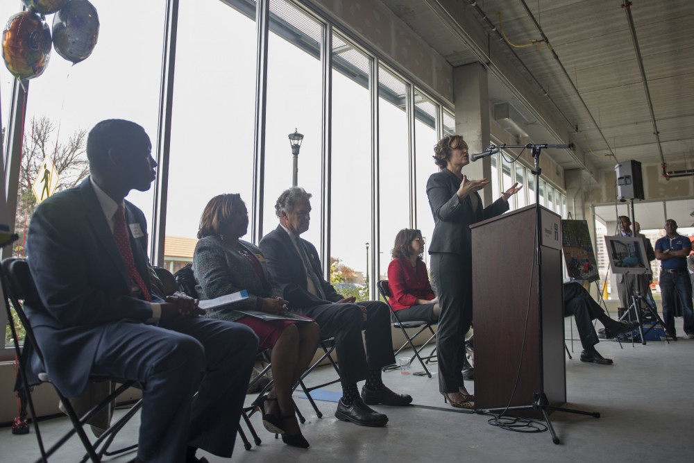 Minneapolis Mayor Betsy Hodges speaks at the groundbreaking event for the Cedar Riverside Opportunity Center on Oct. 29, 2016. The center will work to help community members, many of whom are East African immigrants, find jobs.