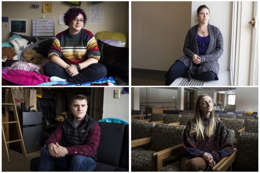 Clockwise from top left, University students Sammy Miller, Ravyn Braun, Jordan Pinneke and Teddy Skillings sit posed in respective locations on campus. Each having their own unique and varied experiences, these individuals are no strangers to the very real obstacles and challenges associated with mental illness.