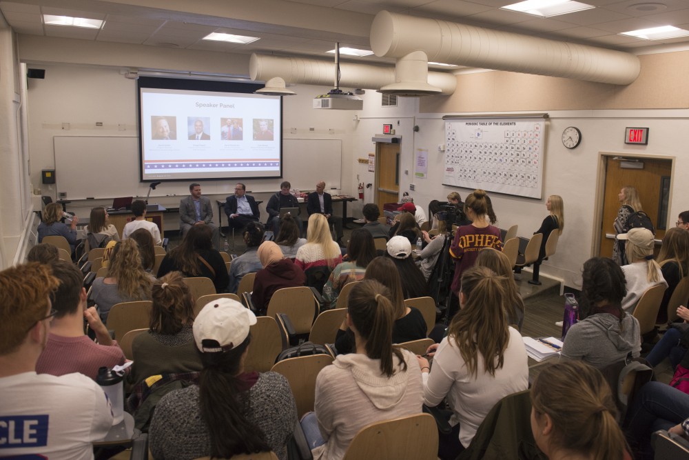 Political consultants and strategists Kevin Poindexter, David Strom, Tyler Richter and Gregg Peppin spoke on a panel Politics. Advertising. Public Relations. held by Ad Club and PRSSA on Wednesday, Nov. 2, 2016 in Smith Hall. 