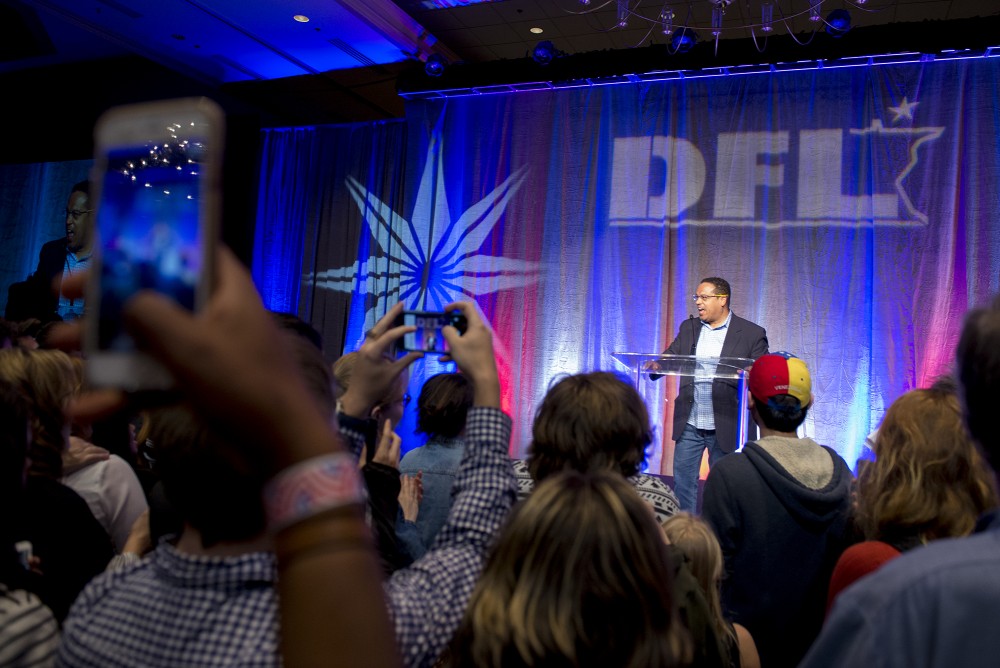 Rep. Keith Ellison, D-Minn., addresses the crowd at the Minnesota DFL election night party at the Minneapolis Hilton on Tuesday, Nov. 8, 2016.