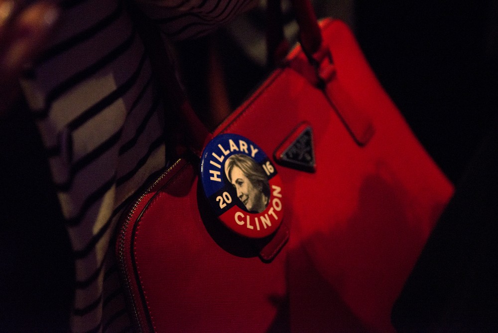 A woman sports a Hilary Clinton button at the Minnesota DFL election night party at the Minneapolis Hilton on Tuesday, Nov. 8, 2016.