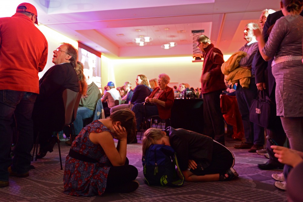 Children rest while their parents wait for election results at the Republican Party of Minnesotas Victory Party at the Radisson Blue Mall of America in Bloomington on Nov. 8, 2016.