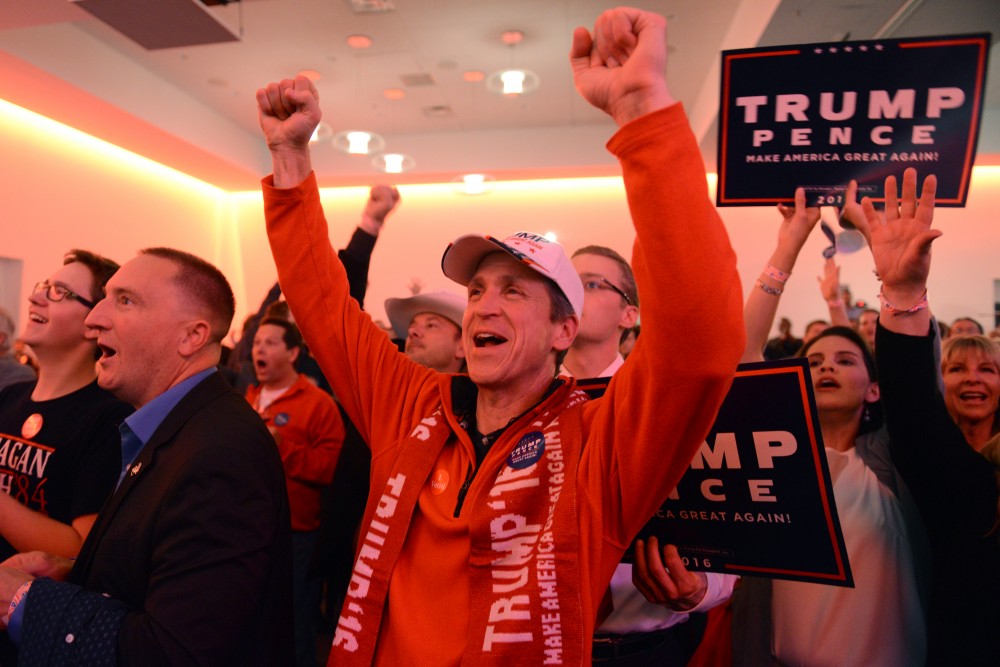Gregg Stevens celebrates as a state is called for Donald Trump on Tuesday, Nov. 8, 2016 at the Radisson Blue Mall of America in Bloomington.