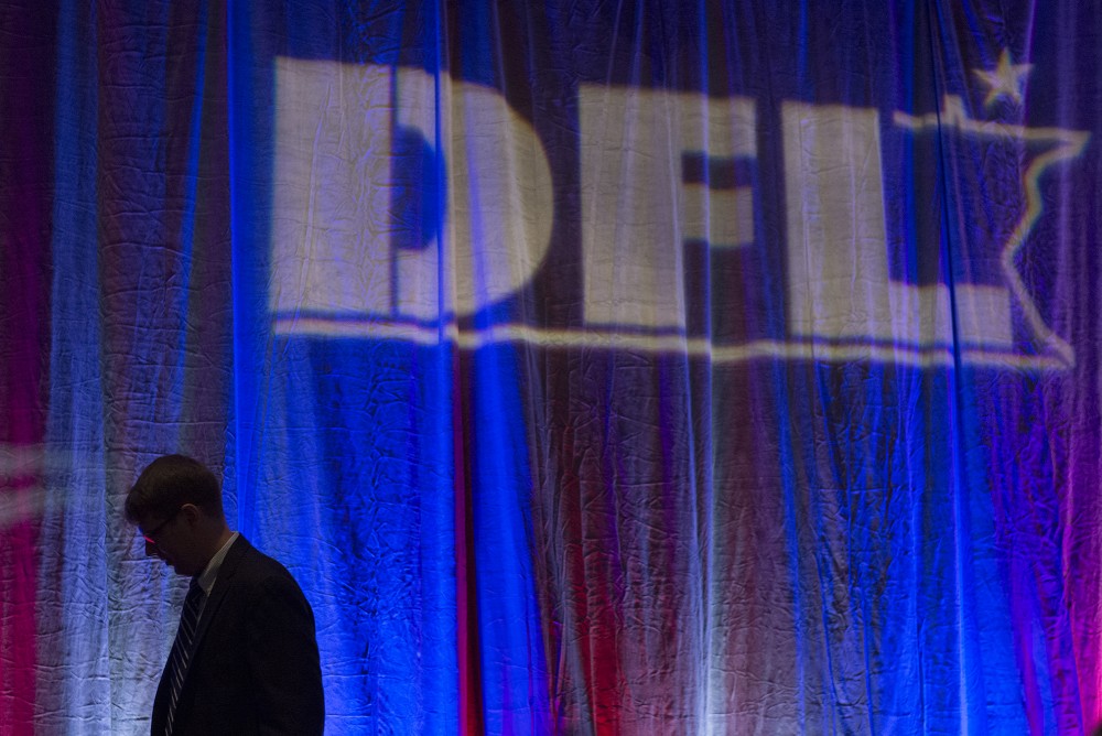 A man exists the stage at the Minnesota DFL election night party at the Minneapolis Hilton on Tuesday, Nov. 8, 2016.