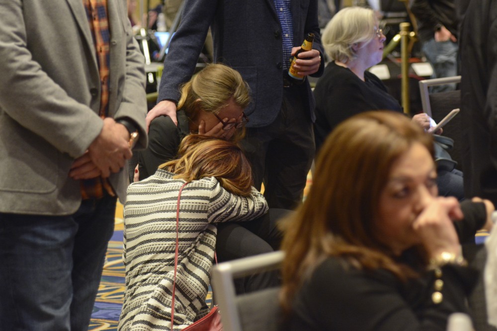 Tears are shed at the Minnesota DFL election night party at the Minneapolis Hilton as Hilary Clinton falls behind  Donald Trump on Tuesday, Nov, 8. 2016.