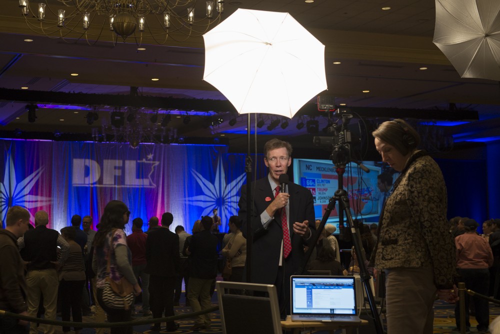 Members of the press report at the Minnesota DFL election night party at the Minneapolis Hilton on Tuesday, Nov. 8, 2016.