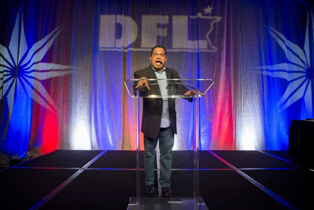 Rep. Keith Ellison, D-Minn., addresses the crowd at the Minnesota DFL election night party at the Minneapolis Hilton on Tuesday, Nov. 8, 2016.
