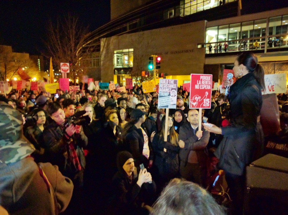 Hundreds gather on west bank for an anti-trump protest outside the Humphrey Law School on Thursday, Nov. 10, 2016.