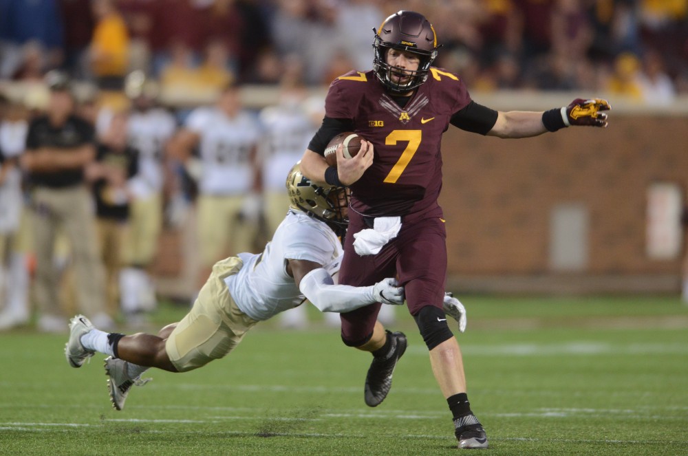 Gophers quarterback Mitch Leidner is tackled during the Gophers game against Purdue at TCF Bank Stadium on Nov. 5, 2016.