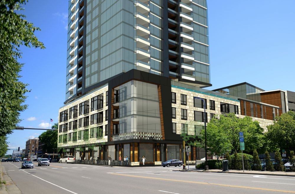 A 42-story luxury apartment tower spurred the group, Neighbors for East Bank Livability, to file a lawsuit against Alatus LLC. The tower would be located on Central Avenue Southeast, as represented here with a superimposed rendering.