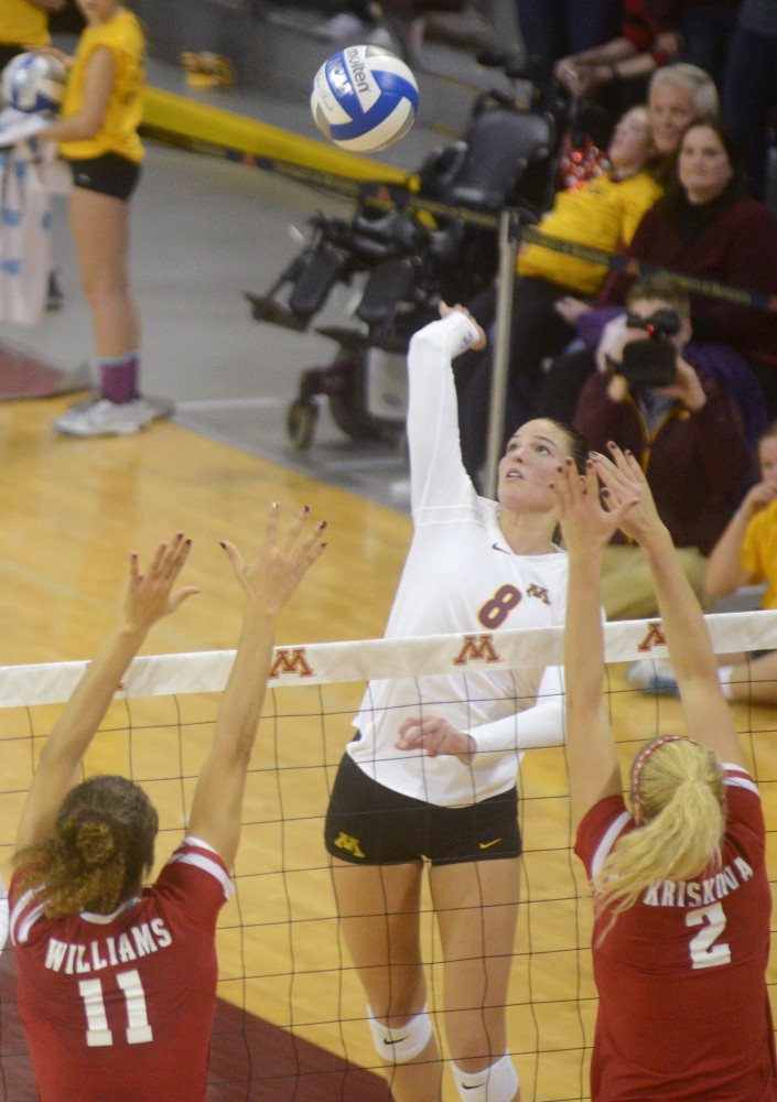 Gophers outside hitter Sarah Wilhite winds up a spike against Wisconsin on Saturday, Nov. 26, 2016 at the Sports Pavilion. 