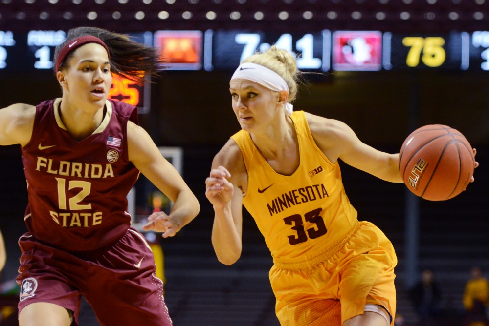 Gophers guard Carlie Wagner drives to the basket against Florida State on Wednesday, Nov. 30, 2016 at Williams Arena. 