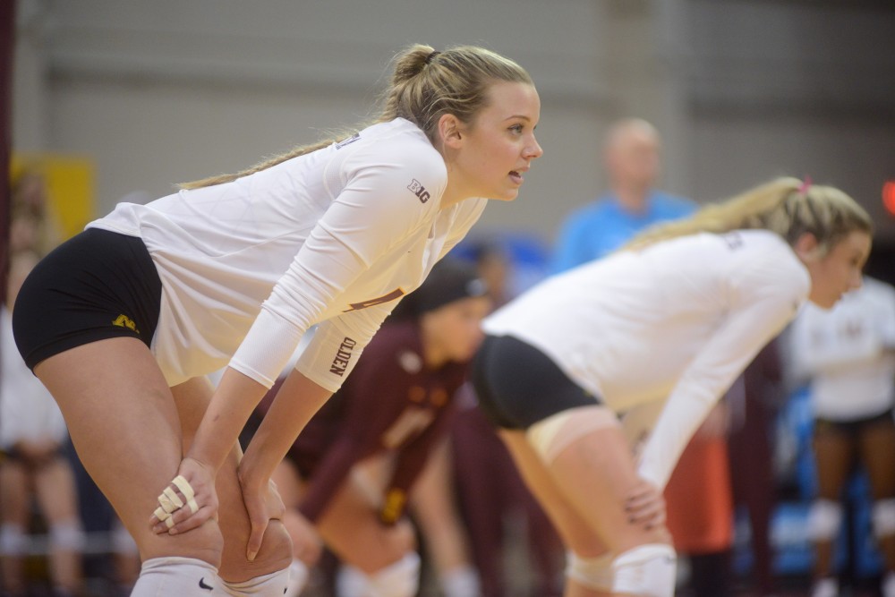 Senior middle blocker Paige Tapp prepares to play against the University of North Dakota on Friday, December 2. 2016 at the Sports Pavilion. The Gophers won against the University of North Dakota.