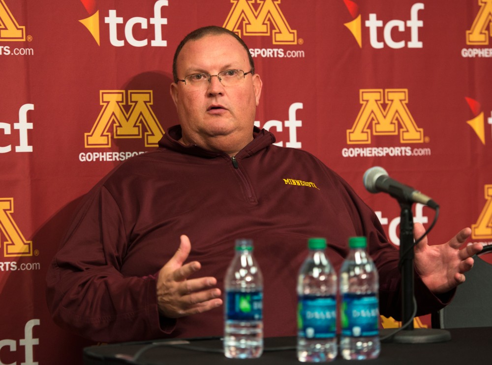 Interim head coach Tracy Claeys speaks at a press conference regarding Jerry Kills resignation on Oct. 25. Kills departure came as a shock to Claeys and the team.
