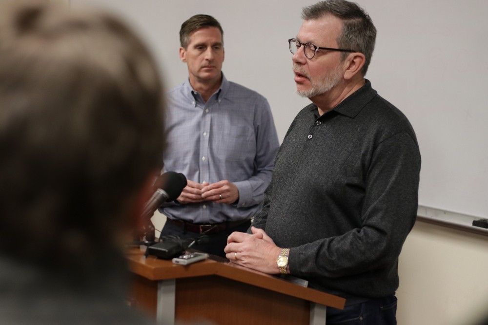 President Eric Kaler and Athletics Director Mark Coyle address media following the Gopher football teams announcement to end their boycott on Saturday, Dec. 17, 2016.