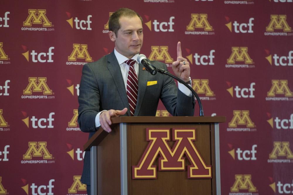 Newly appointed Gophers football coach P.J. Fleck speaks during a press conference on Friday, Jan. 6, 2017 at TCF Bank Stadium.