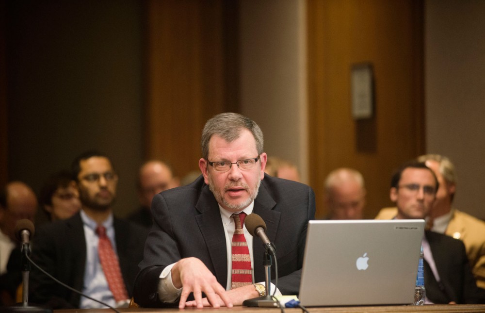 University President Eric Kaler presents during a meeting  on  March 12, 2013, at the Minnesota state Capitol.