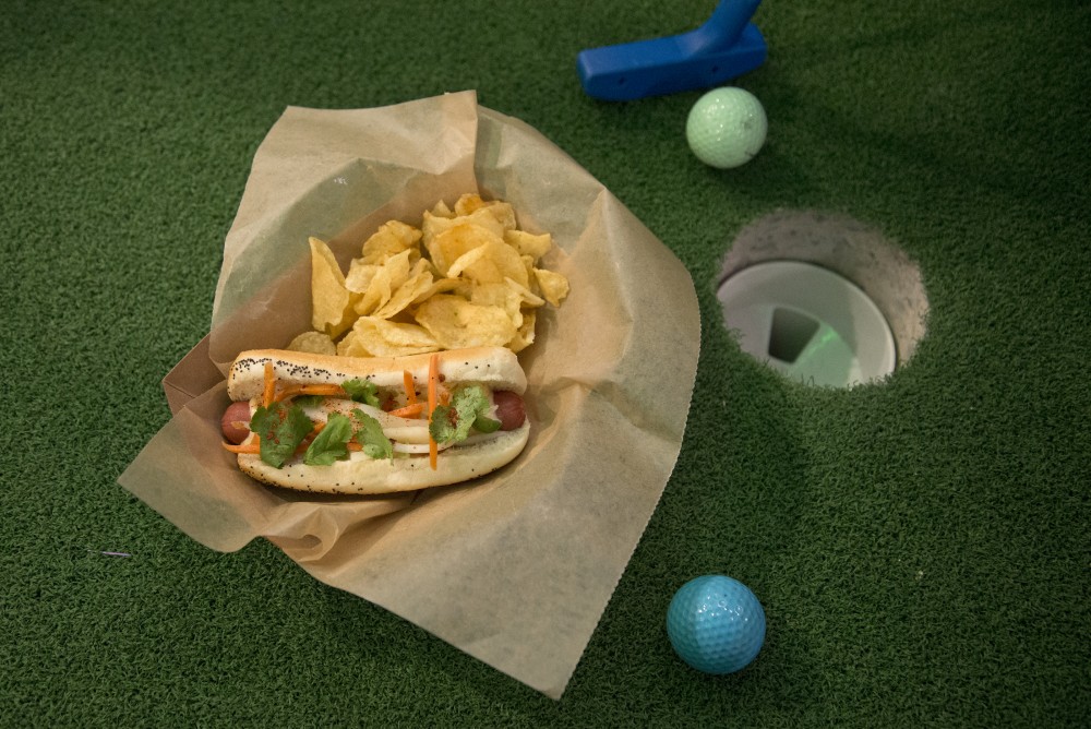 The Bahn Mi style Dog consisting of a Beef dog with cilantro, pickled carrots, daikon radish, jalapeño, and special sauce available at Can Can Wonderland in St.Paul on Thursday, Jan 16.