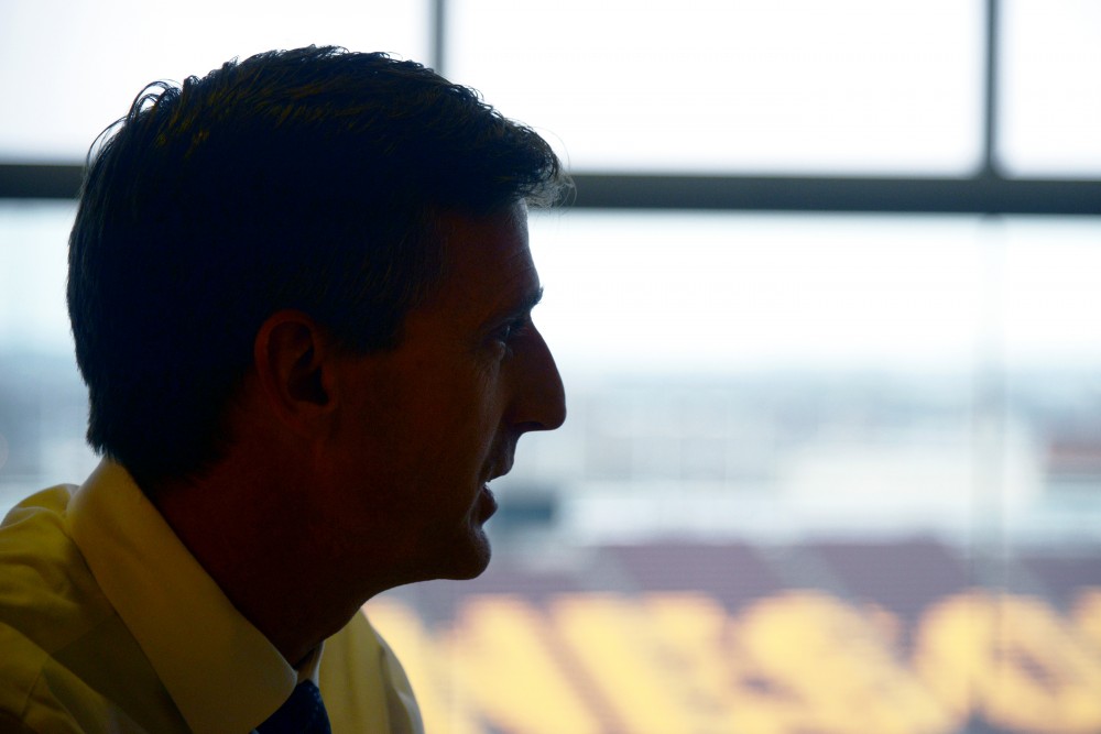 Athletics Director Mark Coyle discusses recent events such as the football teams boycott and new football coach P.J. Fleck on Jan. 23, 2017 at TCF Bank Stadium. 